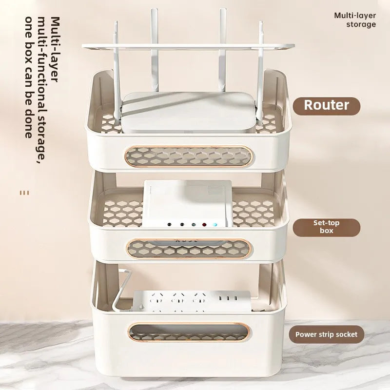 4-Tier WiFi Router Organizer, Multifunctional Cable Management Box with Ventilation, Eco PP Material, Top Shelf for Home Storage