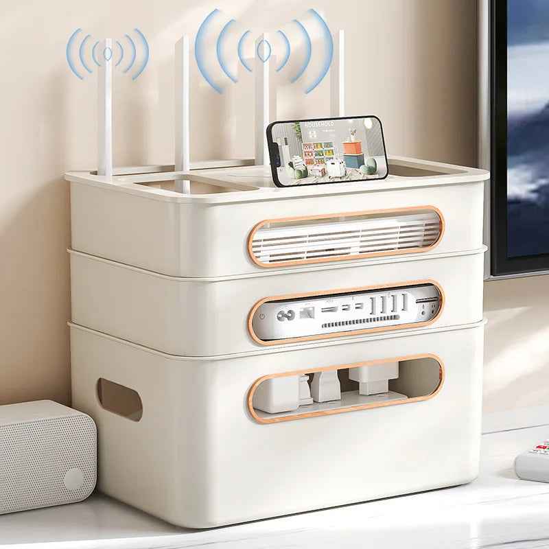 4-Tier WiFi Router Organizer, Multifunctional Cable Management Box with Ventilation, Eco PP Material, Top Shelf for Home Storage