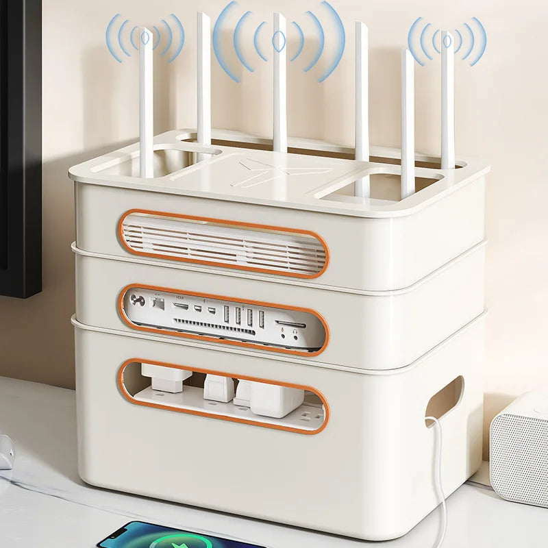 4-Tier WiFi Router Organizer, Multifunctional Cable Management Box with Ventilation, Eco PP Material, Top Shelf for Home Storage
