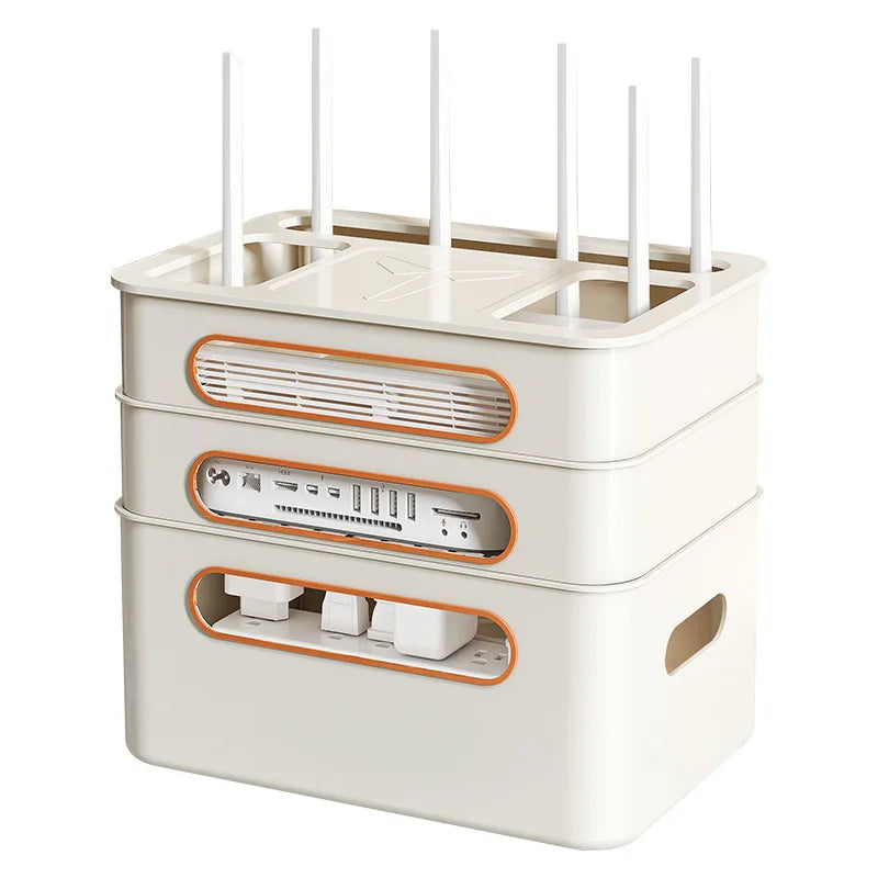 4-Tier WiFi Router Organizer, Multifunctional Cable Management Box with Ventilation, Eco PP Material, Top Shelf for Home Storage