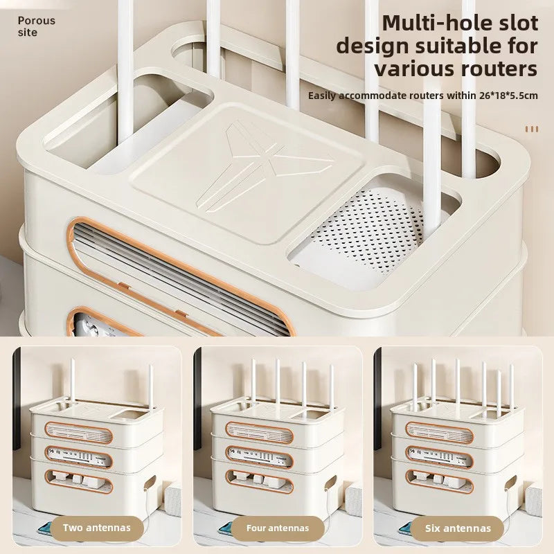 4-Tier WiFi Router Organizer, Multifunctional Cable Management Box with Ventilation, Eco PP Material, Top Shelf for Home Storage